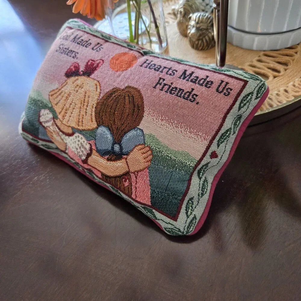 Vtg Tapestry Needlepoint  Friend/Sisters Decorative Throw Pillow Floral Cottage